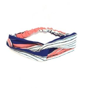 Blue, White, Coral Striped Boho Twist Headband